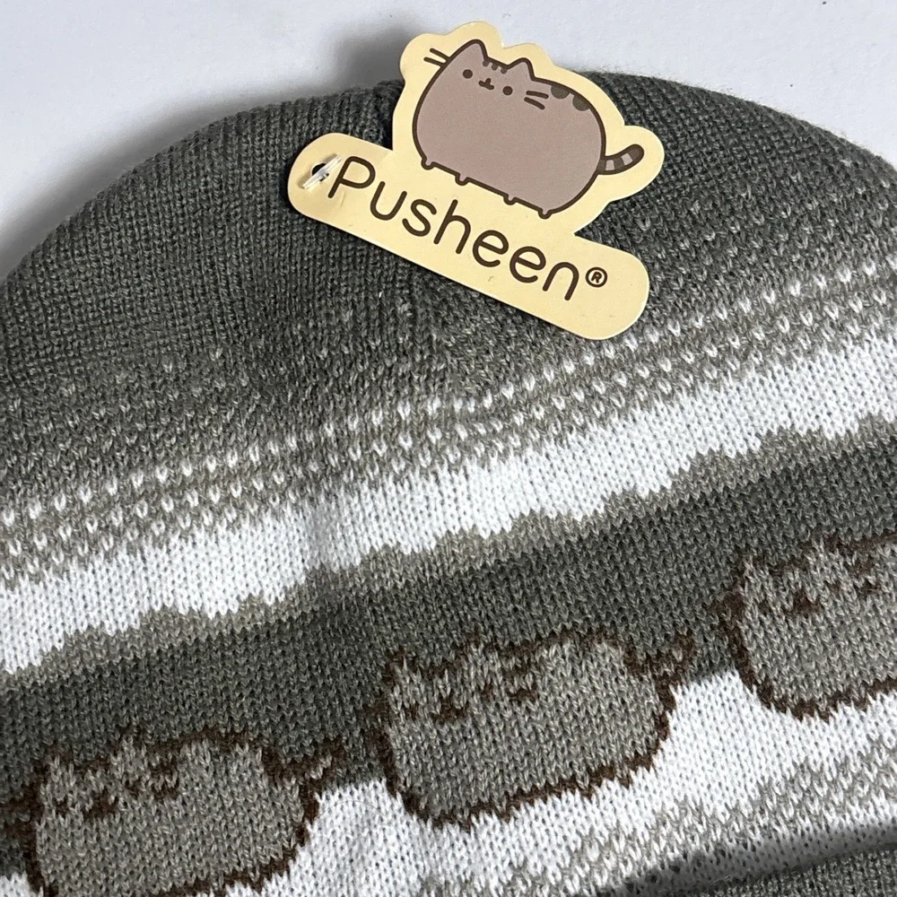 NEW Pusheen Beanie One Size Gray White Fair Isle Cat Knit Hat Boggin Winter Kids
